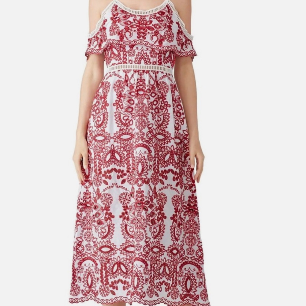 Saylor Red Cassie Eyelet Embroidered Ruffle Open Shoulder Dress Size S